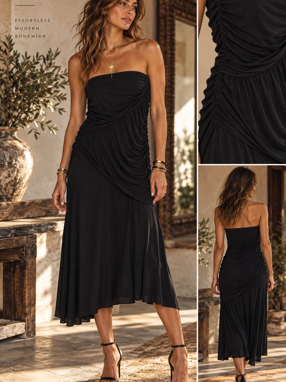 🌻MAKE OFFER🌻 NWT Haute Hippie Black Strapless Draped Midi Dress Tshirt MED